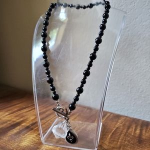"MFIL / Parisian Style" Black Bead Fleur-de-li Crystal Necklace